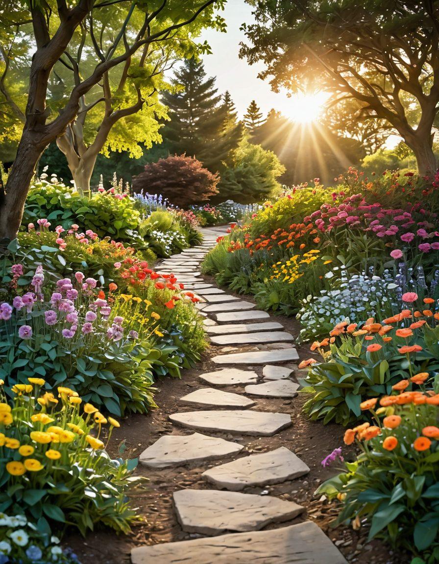 A serene and hopeful landscape depicting a winding path through a lush green garden filled with colorful flowers representing resilience. Along the path, signs with supportive messages for cancer patients and survivors are visible, alongside silhouettes of diverse individuals holding hands in solidarity. The sun rises in the background, symbolizing hope and new beginnings. soft focus. vibrant colors. 3D.