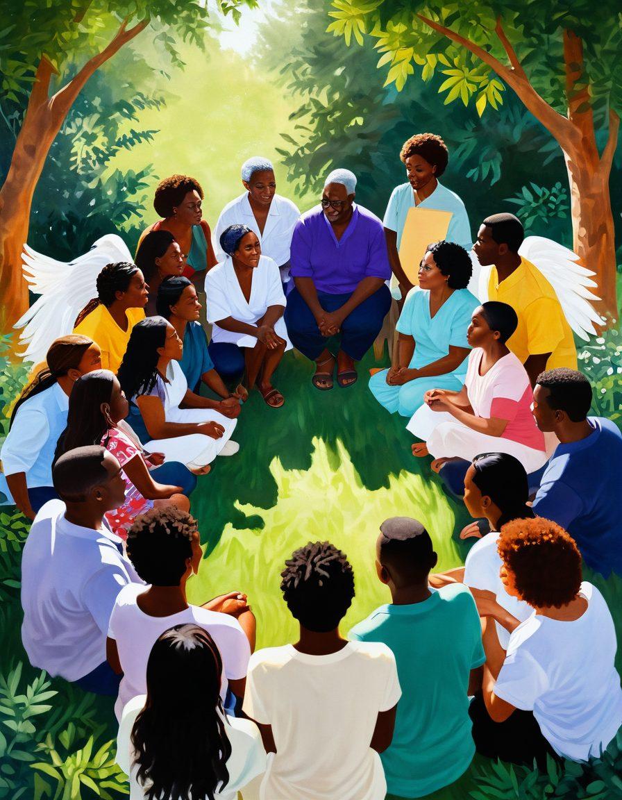 A diverse group of people, including survivors and advocates, gathered in a supportive circle, sharing stories with warmth and empathy. Lush greenery and soft sunlight create a serene outdoor setting, symbolizing hope and healing. Rich, inviting colors depict the emotions of connection and support, while subtle imagery of wings can be seen in the background to represent freedom. painting. vibrant colors. soft focus.
